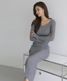 【3色】膝丈ドレス キャバドレス セクシー 韓国風 Vネック ボディコン リブニット タイト 出勤 デート JC2-MLS57256151