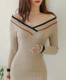 Lady's coco 膝丈ドレス キャバドレス セクシー 韓国スタイル 新作 バイカラー タイトワンピース オフショルダー LW2-DD6033