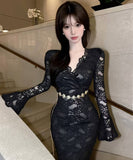 【3色】ロングドレス キャバドレス セクシー Vネック レース切り替え タイトワンピース ベルト付き 上品 シルエット LW2-DD6011