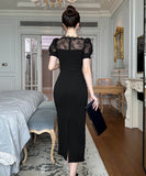 手作りドレスロングドレスレースセクシー高級感パフスリーブ宴会パーティー二次会着痩せ気質 WQ2-JY21687