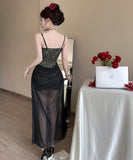 【3色】ロングドレスキャミワンピセクシーレースチュールキャバドレスキャバクラ着痩せパーティー指名 WQ2-DD4356