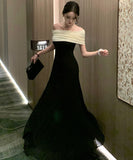 Lady's coco ロングドレス キャバドレス セクシー フレンチ風 ブラック×ホワイト バイカラー ワンショルダー ワンピース 上品ドレス デート 女子会 二次会 披露宴 パーティー LW2-XHY919306