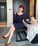 【5色】膝丈ドレス キャバドレス 上品Vネック 配色 ニットワンピース エレガント 大人可愛い ツイード風 長袖 JC2-DD5603