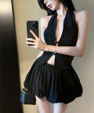 【2点セット】ミニドレス キャバドレス セクシー ホルターネック クロップドトップス 花びらスカート セットアップ  体型カバー LW2-SB6556