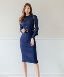 Lady's coco 膝丈ドレス キャバドレス セクシー 韓国スタイル ニットタイトワンピ 半ハイネック スリムフィット ウエストマーク ミディ丈 LW2-DD6029