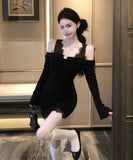 【2色】ミニドレス キャバドレス セクシー フレンチエレガント オフショルダー レース切替 ニット スリムフィット 秋冬 デート お出かけ JC2-XKDD426-7932-Sep21