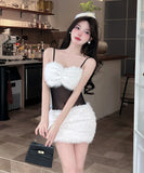 【2色】 ミニドレス キャバドレス セクシー キャミソールワンピース 透けメッシュ×フェザー切り替え タイトセクシー ドレス Vネック LW2-DD6013