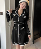 【2色】ミニドレス キャバドレス ツイード風 ニット 長袖 着痩せ バイカラー エレガント 小柄向け デート 女子会 JC2-DD5603