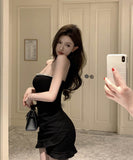 【2色】ミニドレスキャバドレスベアトップキラキラフラワーパーティーフリル非対称ナイトクラブ肌見せセクシー WQ2-DD4373