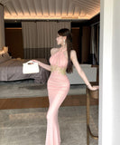 【2色】ロングドレスホルターネックタイトドレス刺繍エレガントマーメイドドレスパーティー WQ2-ZED885607DXH238B