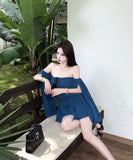 ミニドレス セクシー オフショルダー ハルターネック ワイドスリーブ シフォン素材 ウエストゴム フレアスカート ブルー フェミニン カジュアル 夏コーデDQ2-ZED888290DXH342