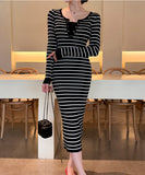 Lady's coco ロングドレス キャバドレス セクシー 秋冬新作 ニットワンピース クルーネック 長袖 ストライプ柄 タイトシルエット ミディ丈 LW2-DD6032