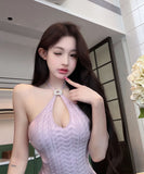 ミニドレス セクシー ハルターネック キーホールカット ケーブル編み タイトボディコン ラベンダー ビジュー留め具 セクシー フェミニン デート 秋冬コーデDQ2-ZED885587DXH443