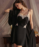 【4色】ルームウェア ランジェリー セクシー サテン レース バックオープン キャミソール ガウン セットアップ JC8-GR5603