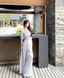 上下セットワイドパンツサテン高級感ワンショルダーセクシーエレガント通勤大人可愛い気質 WQ2-XKD-D529-6892-May10