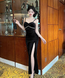 Lady's coco ロングドレス キャバドレス  セクシー ベロア キャミワンピース スリット入り 上品セクシー ハイウエスト ドレス  結婚式 二次会 披露宴 パーティー 上品 LW2-DD5946