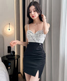 Lady's coco ミニドレス キャバドレス セクシー タイトミニワンピース Vネック スリット入り バイカラーデザイン 背中開き ボディコン デート 指名 クラブ LW2-YM8889