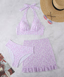 3点式セット【3色】ビキニ水着ホルターネックワンピ花柄ビーチ海旅行ハワイセクシー温泉 WQ7-XHL24007