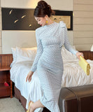 Lady's coco ロングドレス キャバドレス セクシー ブルーチェック タイトワンピース デザインリボン スリット入り 上品 スタイル 二次会 披露宴 上品  LW2-JY56009