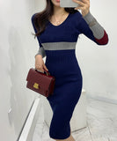 【3色】膝丈ドレス セクシー 韓国風 Vネック タイト ミディワンピ コンビカラー 出勤 デート お出かけ JC2-MLS57526258