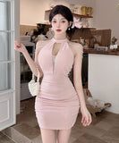 【3色】ミニドレス キャバドレス セクシー 胸元大胆 ホルターネック 肩見せ タイトシルエット 細見え パールチェーン JC2-DD6320