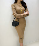 【2色】Lady's coco ロングドレス キャバドレス セクシー クルーネック 長袖 バイカラー ニットワンピース ポケット付き ウエストリボン LW2-DD6031