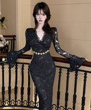 【3色】ロングドレス キャバドレス セクシー Vネック レース切り替え タイトワンピース ベルト付き 上品 シルエット LW2-DD6011