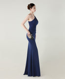 ロングドレス キャバドレス セクシー ワンショルダー サテン タイト マーメイドドレス プリーツ スリット入り 夜会 パーティー 結婚式 JC2-YEY33598