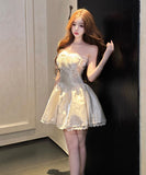 ミニドレス キャバドレス セクシー エレガント ビスチェ風 フレンチ風 パフスカート ウエストマーク 高見え レース×パール装飾 パーティー JC2-DD5746