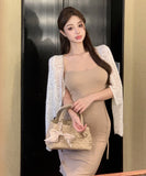 【2色】膝丈ドレス セットアップ 大人可愛い タイトワンピース キャミソール レースカーディガン 上品 着痩せ デート お出かけ 結婚式 JC2-XKDD408A-2087-Sep16