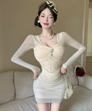 【2色】ミニドレス キャバドレス セクシー ボディコン メッシュ ロングスリーブ ミニ丈 夜会 デート ナイトクラブ JC2-DD5514