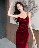 【2色】ロングドレス キャバドレス  セクシー キャミワンピース パールストラップ ベロア素材 フレンチガーリー  ウエストマーク 細見え  大人可愛い LW2-OYF655#6505##50