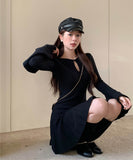 【2色】 ミニドレス キャバドレス セクシー ヘプバーン ニットワンピース トランペットスリーブ フレアスカート Aライン お出かけ デートLW2-OYF64044