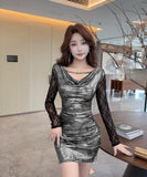 【3色】ミニドレス キャバドレス セクシー スパンコール  タイトワンピース Vネック レース切り替え メタリック風 ストレッチ素材  着痩せ LW2-DD5838