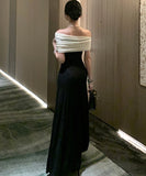 Lady's coco ロングドレス キャバドレス セクシー フレンチ風 ブラック×ホワイト バイカラー ワンショルダー ワンピース 上品ドレス デート 女子会 二次会 披露宴 パーティー LW2-XHY919306