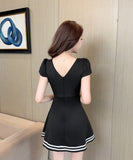 【2色】 ミニドレス キャバドレス セクシー Vネック ダブルボタン ウエストマーク 半袖 ワークワンピース 大人カジュアル デート  LW2-DD5873