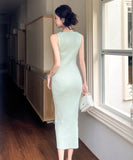 4色ロングドレスニットドレスセクシーノースリーブ谷間見せエレガント通勤 WQ2-ZED889095GT513