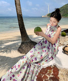 ロングドレスサンドレス花柄ホルターネックセクシー着痩せ気質ビーチ海旅行SNS話題 WQ2-XHY918009