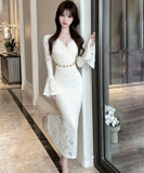 【3色】ロングドレス キャバドレス セクシー Vネック レース切り替え タイトワンピース ベルト付き 上品 シルエット LW2-DD6011