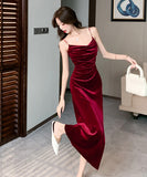 【2色】ロングドレス キャバドレス  セクシー キャミワンピース パールストラップ ベロア素材 フレンチガーリー  ウエストマーク 細見え  大人可愛い LW2-OYF655#6505##50