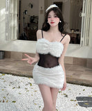 【2色】 ミニドレス キャバドレス セクシー キャミソールワンピース 透けメッシュ×フェザー切り替え タイトセクシー ドレス Vネック LW2-DD6013