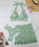 3点式セット【3色】ビキニ水着ホルターネックワンピ花柄ビーチ海旅行ハワイセクシー温泉 WQ7-XHL24007