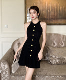 【2色】ミニドレス オードリー風 ホルターネック ニット エレガント Ａライン ウェストシェイプ 痩せ見え デート パーティー JC2-MLS8378