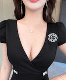 【2色】 ミニドレス キャバドレス セクシー Vネック ダブルボタン ウエストマーク 半袖 ワークワンピース 大人カジュアル デート  LW2-DD5873