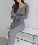 【3色】膝丈ドレス キャバドレス セクシー 韓国風 Vネック ボディコン リブニット タイト 出勤 デート JC2-MLS57256151