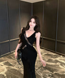 2色ロングドレスフリル谷間見せVネックレース肌見せ高級感ナイトクラブセクシーキャバクラ WQ2-XKD-D355-6839-Apr16