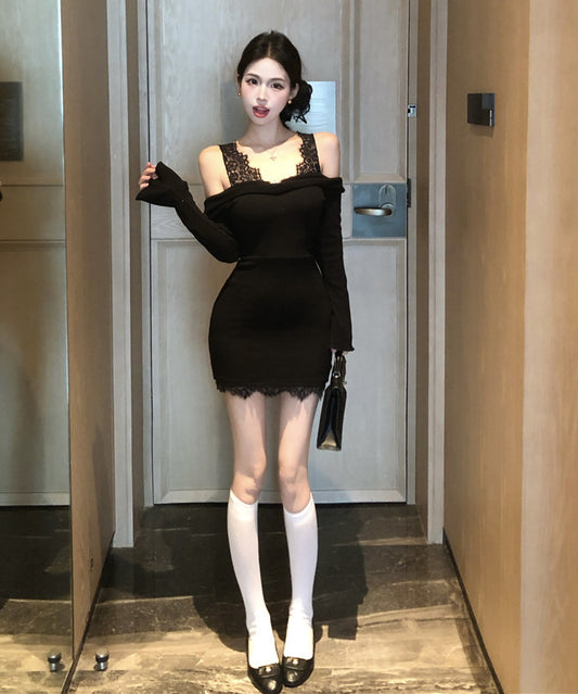 【2色】ミニドレス キャバドレス セクシー フレンチエレガント オフショルダー レース切替 ニット スリムフィット 秋冬 デート お出かけ JC2-XKDD426-7932-Sep21