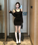 【2色】ミニドレス キャバドレス セクシー フレンチエレガント オフショルダー レース切替 ニット スリムフィット 秋冬 デート お出かけ JC2-XKDD426-7932-Sep21