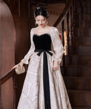 ロングドレス キャバドレス パーティードレス ベロア スクエアネック 長袖 フレアデザイン 二次会 披露宴 パーティー LW2-YZX027