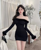 【3色】ミニドレス キャバドレス セクシー クリスマス フェザー オフショルダー ウエストマーク タイトシルエット 長袖 デート JC2-DD6108